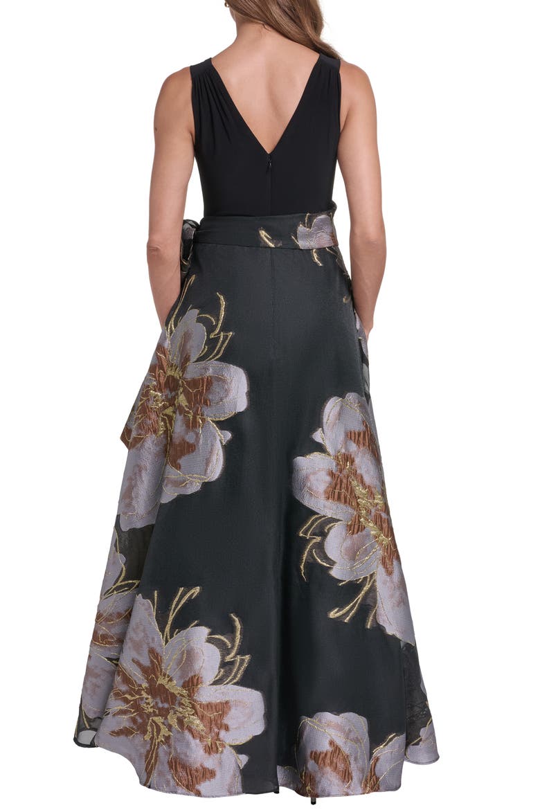 Metallic Floral Jacquard Mixed Media Ball Gown, Alternate, color, BLACK GREY