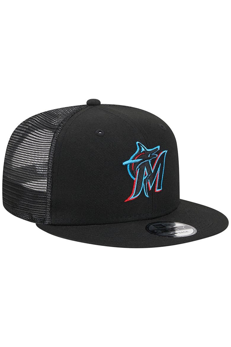 Men's New Era Black Miami Marlins Team Color Trucker 9FIFTY Snapback Hat, Alternate, color, Black