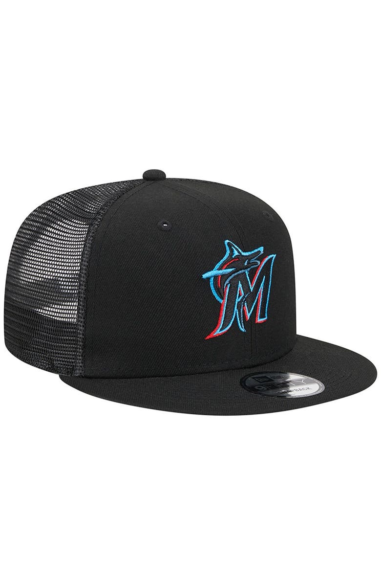 New Era Men's New Era Black Miami Marlins Team Color Trucker 9FIFTY Snapback Hat, Alternate, color, Black