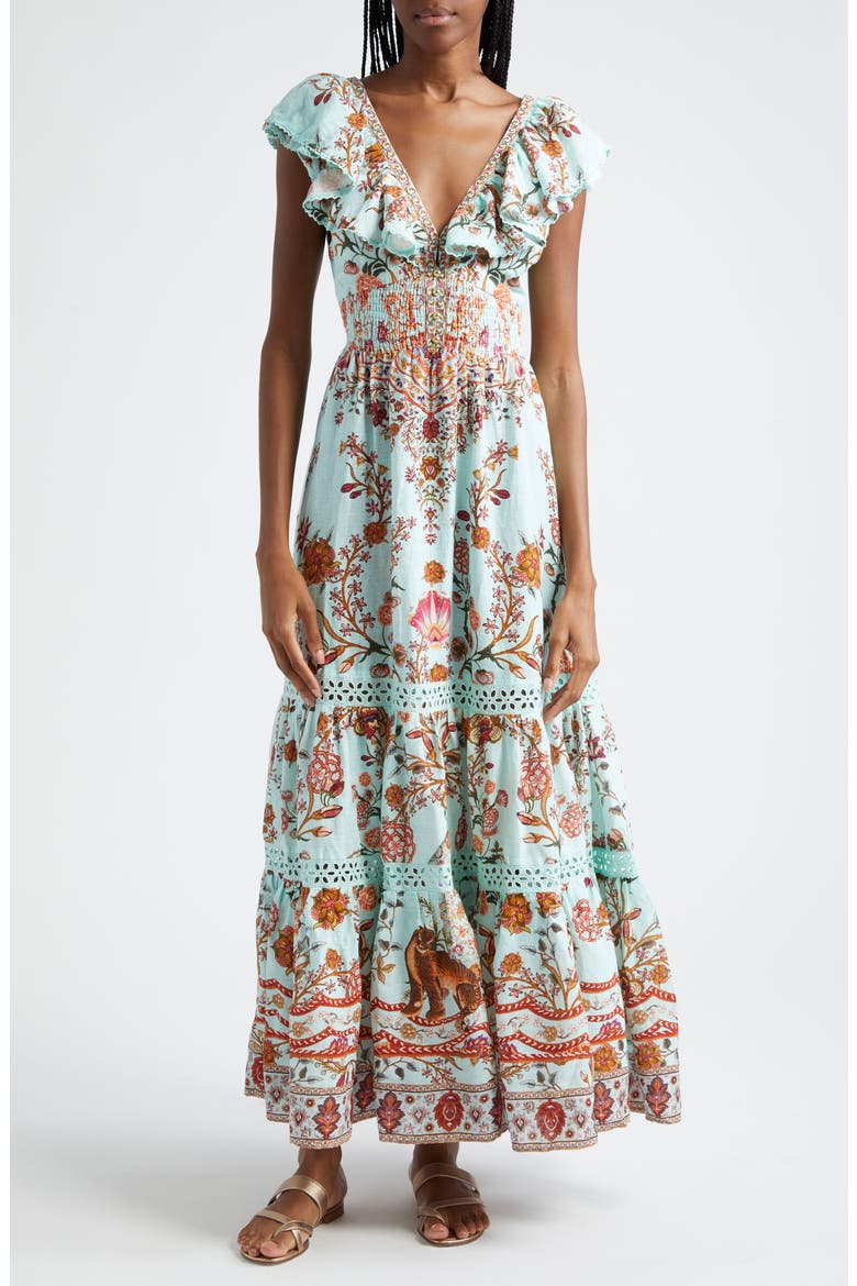 Weaving Worlds Floral Tiered Linen Maxi Dress, Main, color, WEAVING WORLDS