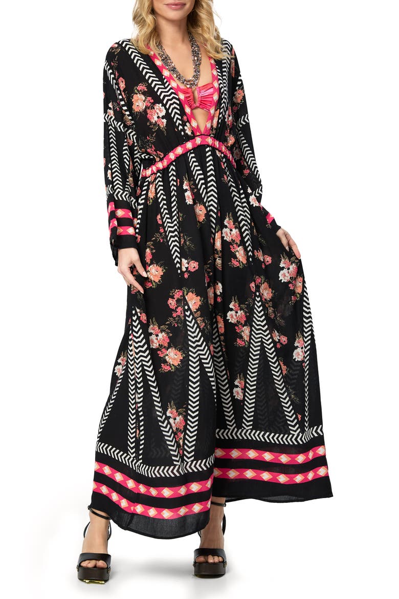 Floral Print Plunge Neck Cover-Up Kaftan, Main, color, BLACK COMBO