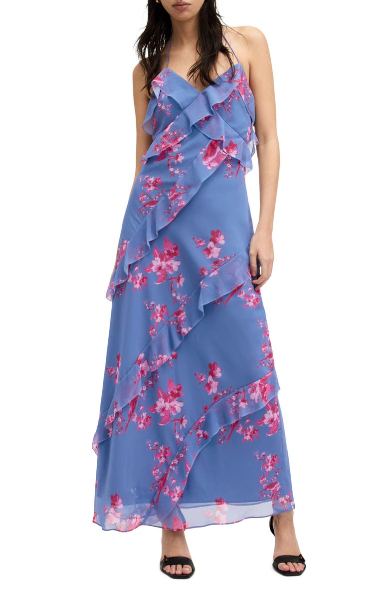 AllSaints Marina Iona Floral Halter Maxi Dress, Main, color, Neon Pink