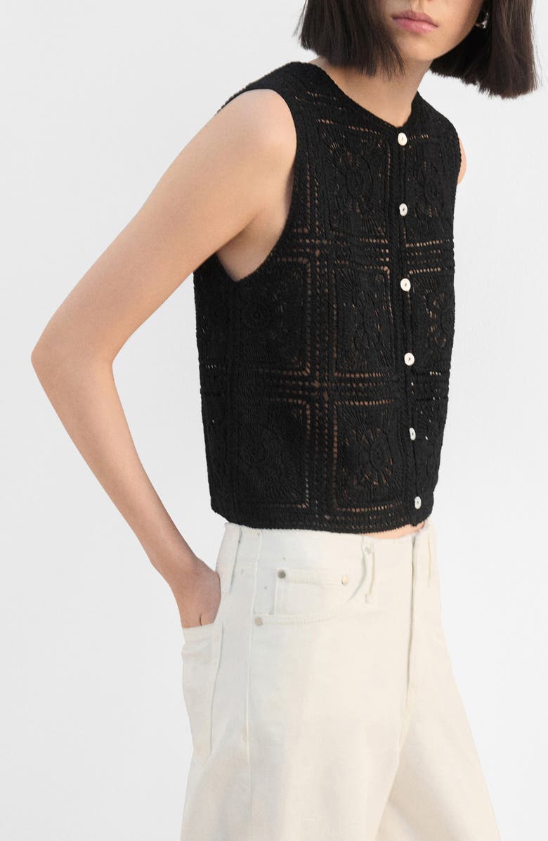 MANGO Sleeveless Crochet Button-Up Top, Main, color, Black