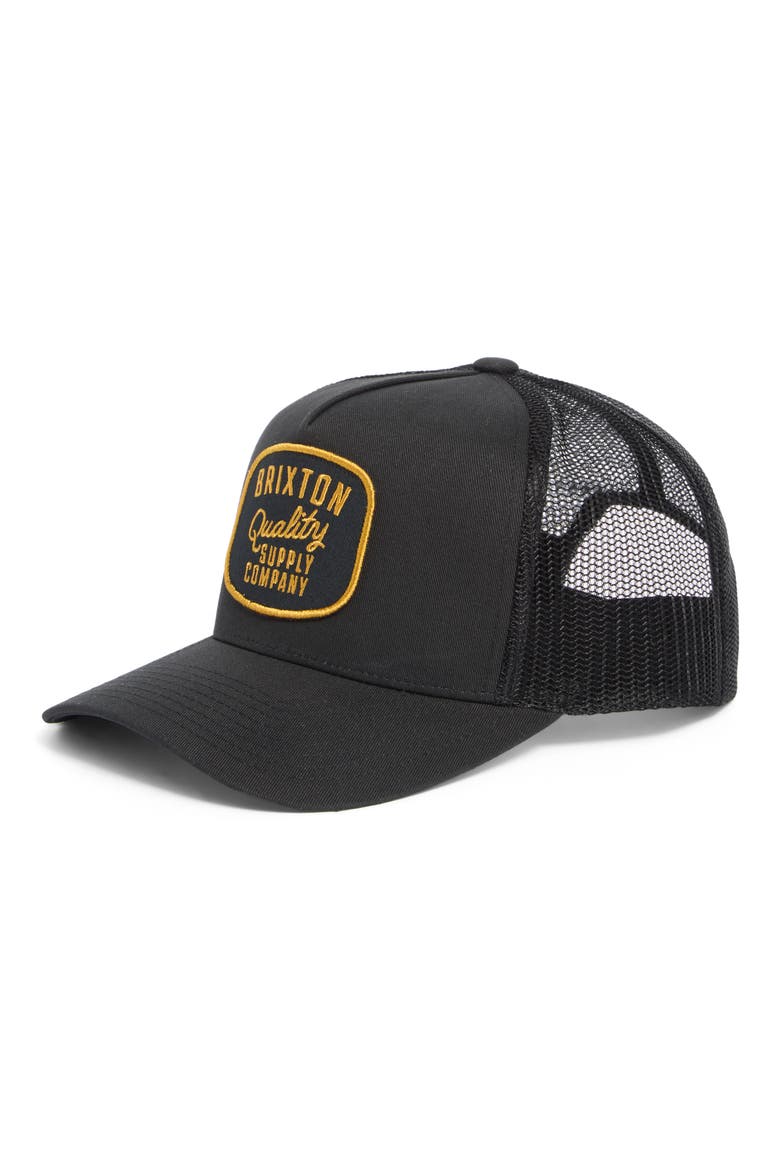 Hubal Netplus® Embroidered Logo Patch Snapback Trucker Hat, Main, color, BLACK/ BLACK