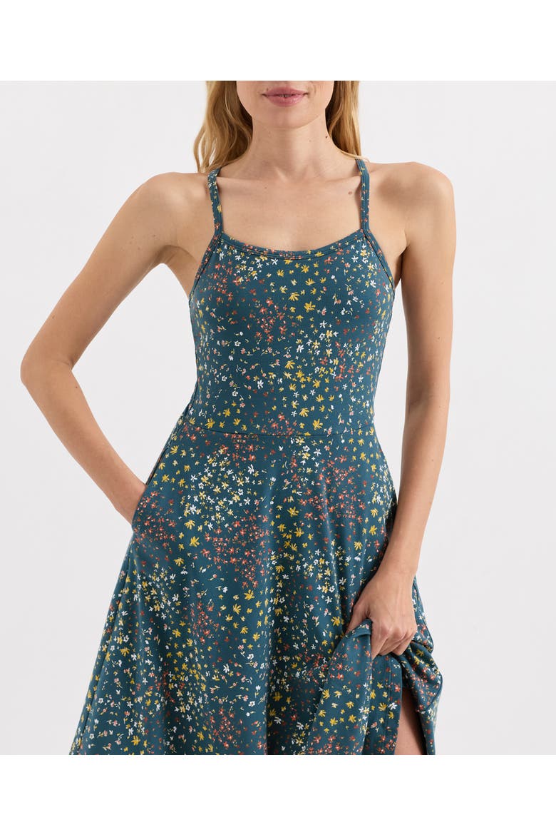 Fit & Flare Midi Dress Made With Organic Cotton, Alternate, color, Deep Aqua Flower Fields