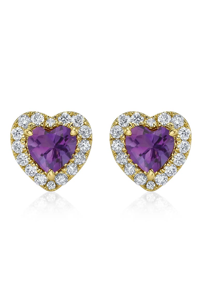 Heart Lab Amethyst & Round Diamond Halo Stud Earrings 14K 0.68ct, Main, color, Amethyst/Yellow Gold