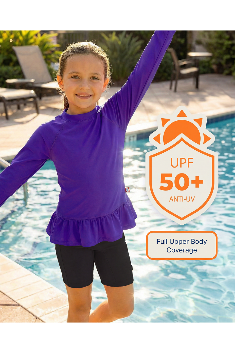 Baby Girls Swim Peplum UPF 50+ Long Sleeve Rashguard Tee, Alternate, color, Purple