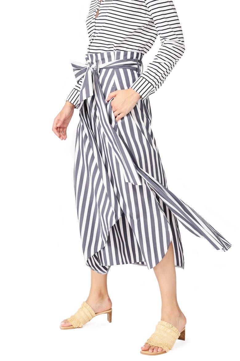 Wide Stripe Tie Waist Cotton Blend Skirt, Alternate, color, BLUE NIGHT