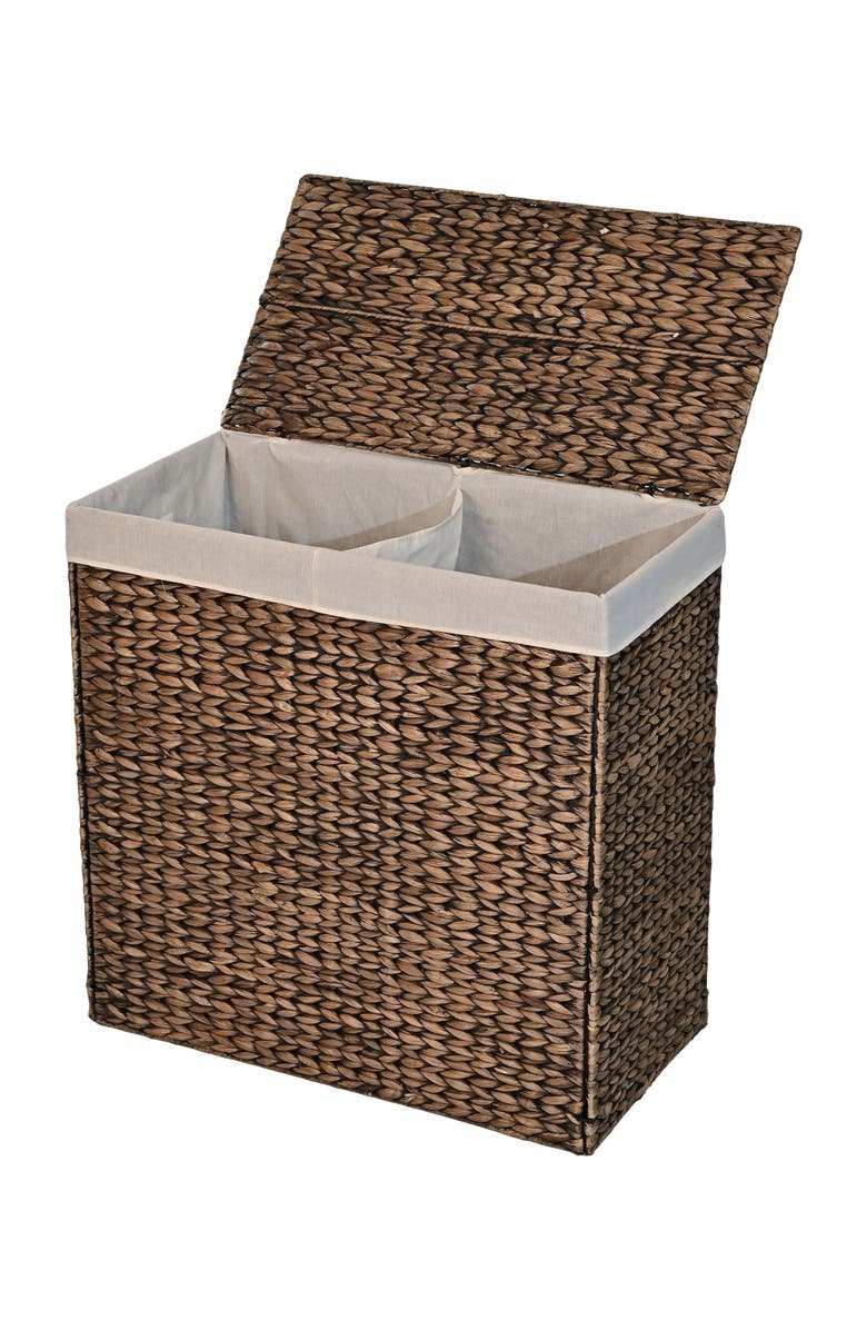 HAPPIMESS Sawyer Classic Farmhouse Handwoven Hyacinth 2-Section Collapsible Laundry Hamper with Washable Liner, Handles, and Lid, Main, color, Brown