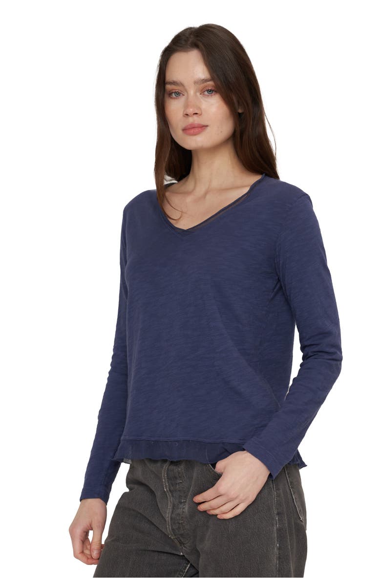 WILT Clothing V-Neck Long Sleeve Tulle Mixed Tee, Alternate, color, White