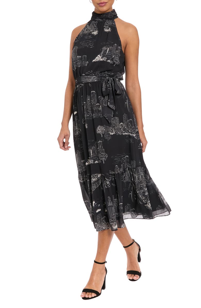 London Times Tie Waist Halter Dress, Alternate, color, Black/ Light Cream