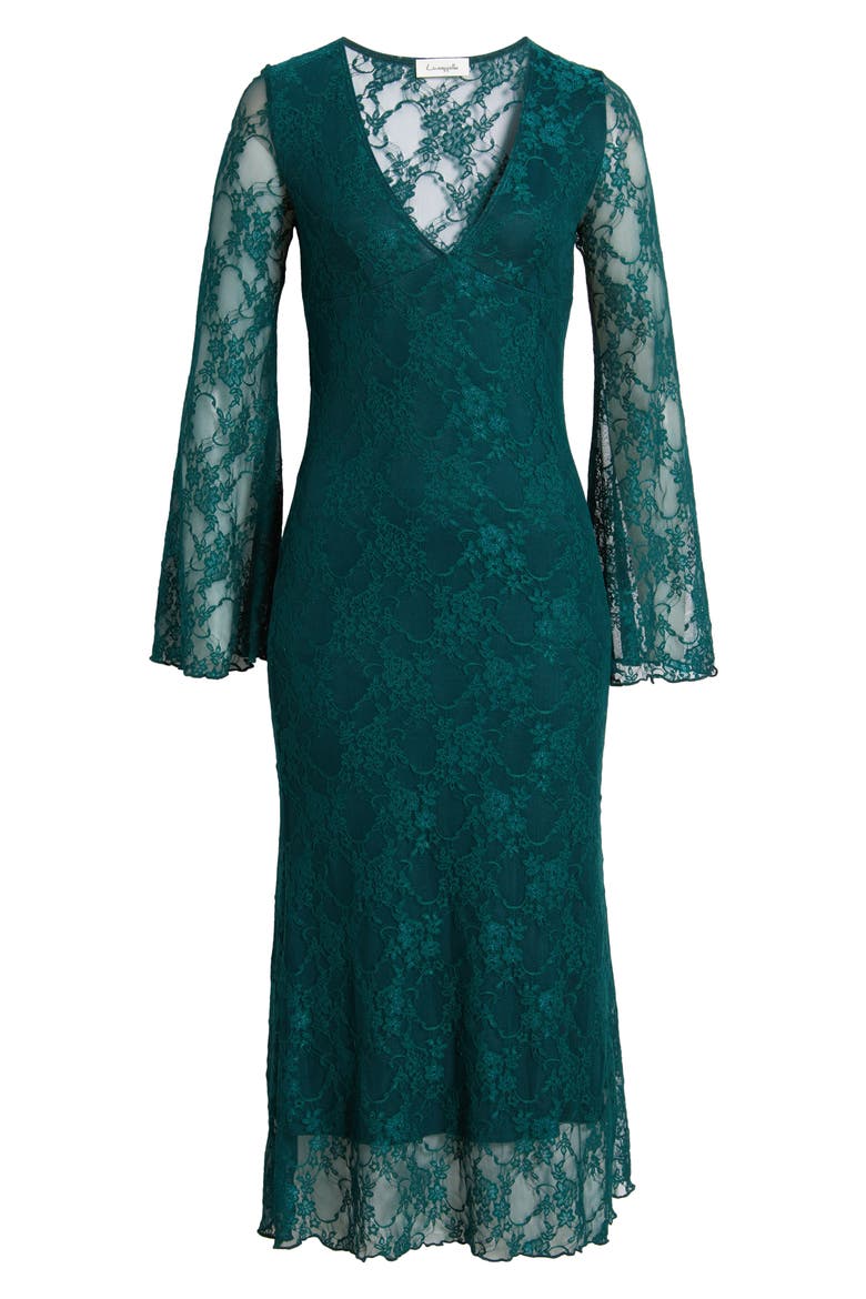 Bell Lace Overlay Long Sleeve Midi Dress, Alternate, color, HUNTER