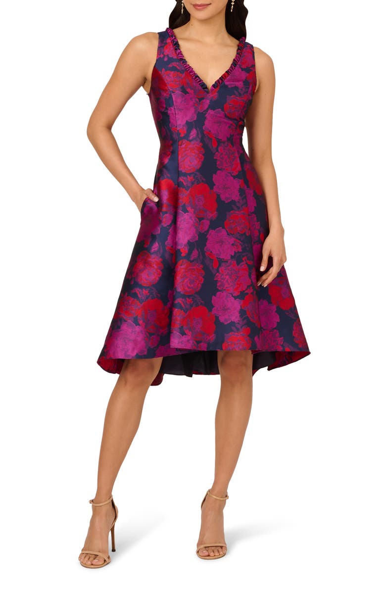 Adrianna Papell Floral Jacquard High-Low Dress, Main, color, Navy Multi