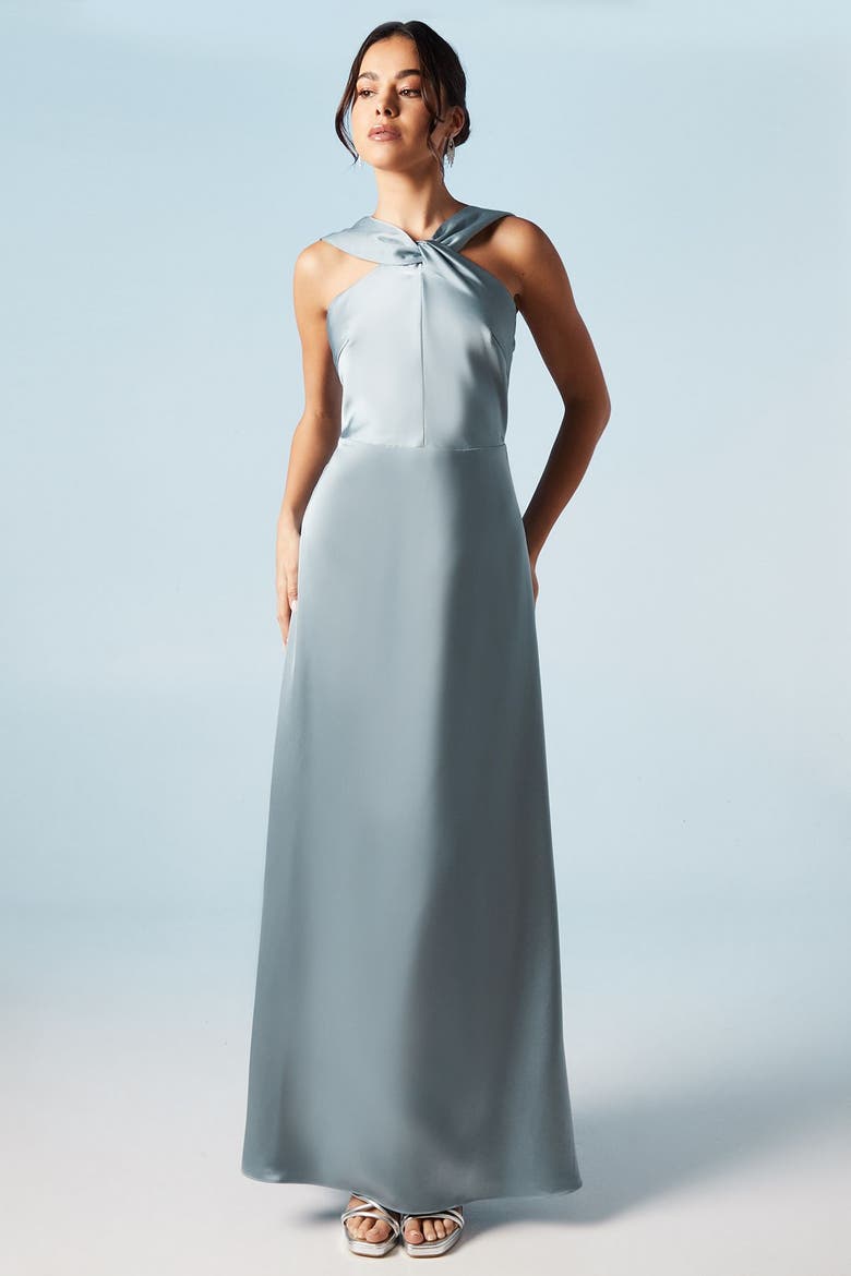 Twisted Halterneck Satin Maxi Dress, Main, color, Dusty Blue