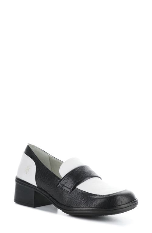 Fly London Elam Block Heel Loafer In Black/white