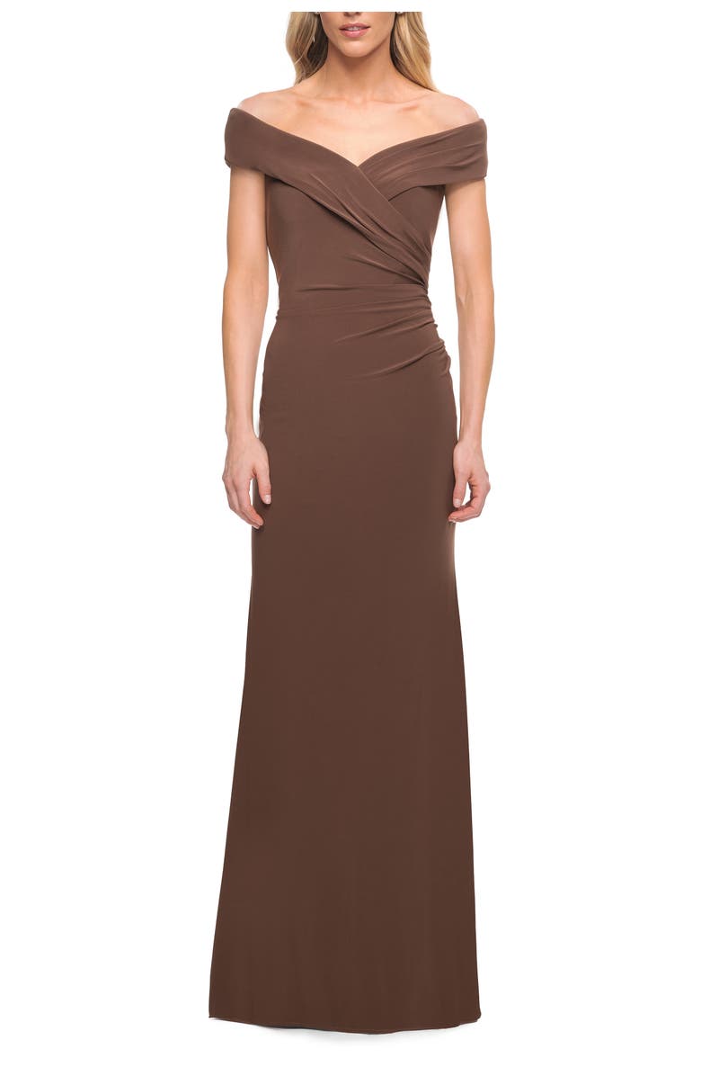 La Femme Off The Shoulder Jersey Dress with Ruching, Main, color, Cocoa