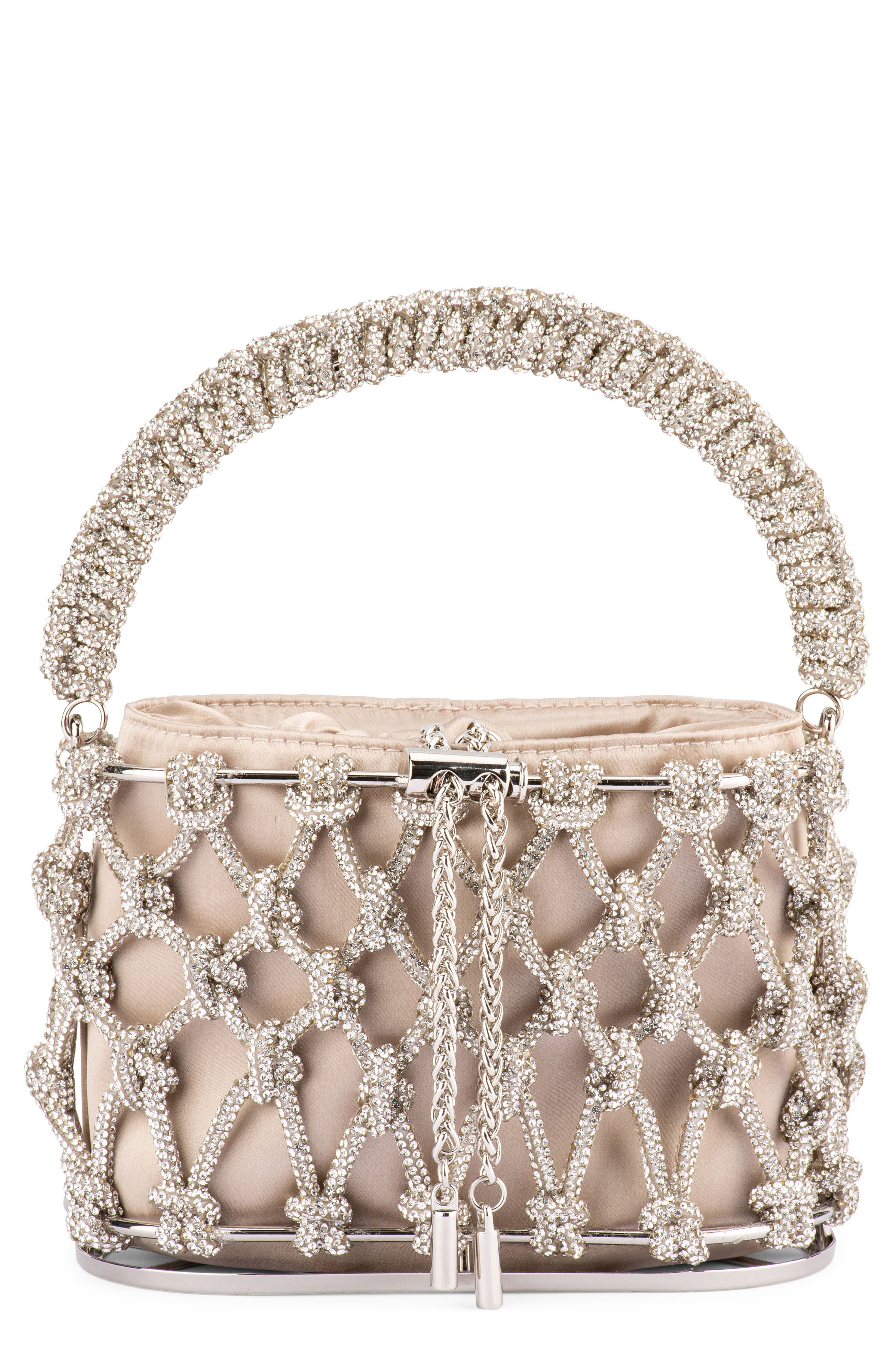 Olga Berg Amelia Crystal Cage Top Handle Bag, Main, color, Natural