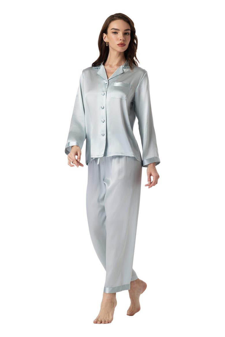 Silk Button Up Collared Women's Pajama Set, Alternate, color, Light Blue