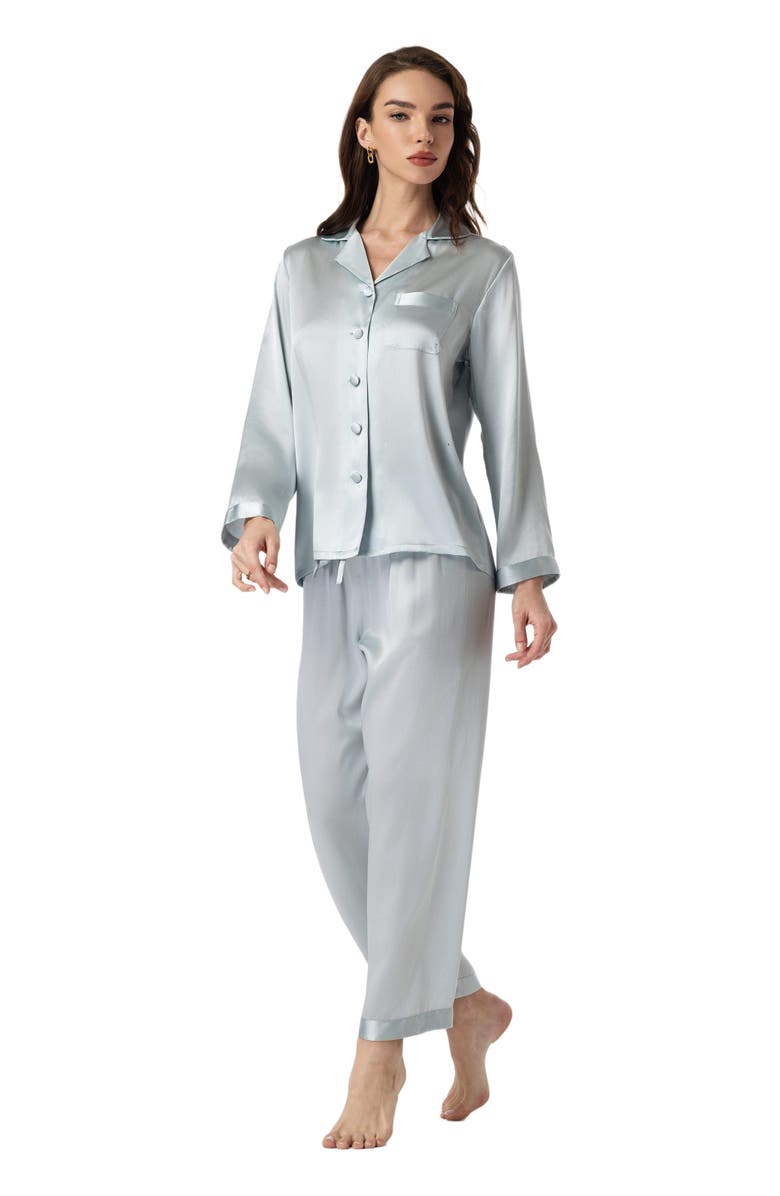 SILKSILKY Silk Button Up Collared Women's Pajama Set, Alternate, color, Light Blue