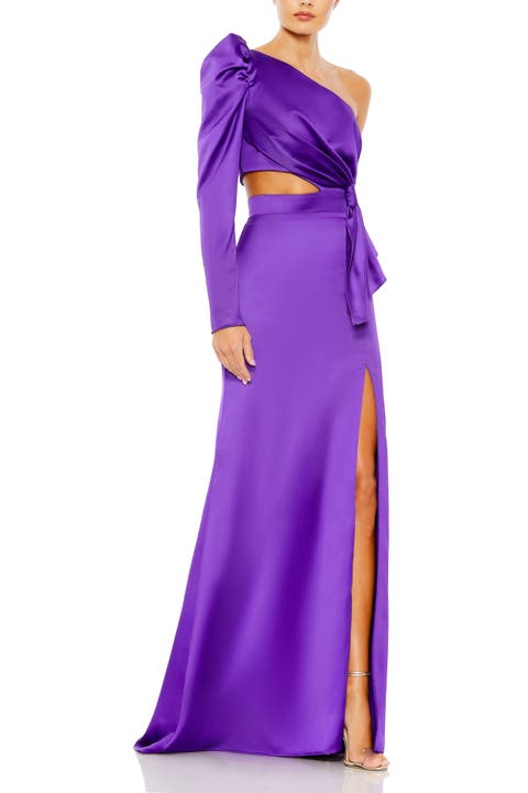 Side Knot One-Sleeve Puff Cutout Evening Dress