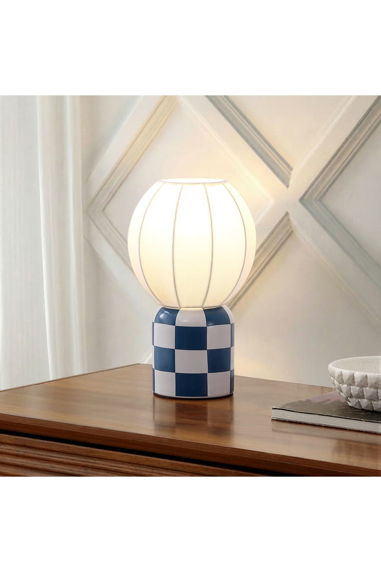 Valarie Contemporary Modern Checkerboard Ceramic with Ribbed Cocoon Globe Shade LED Mini Table Lamp, Alternate, color, Navy/White
