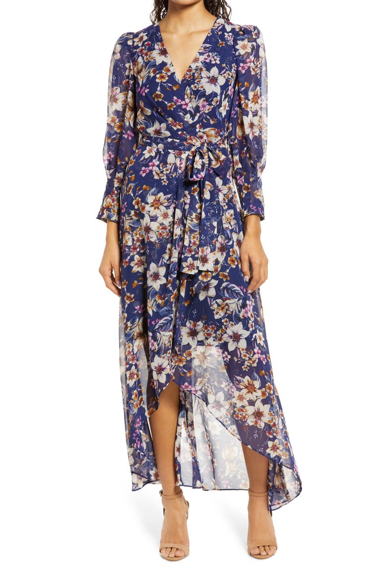 Floral Print High-Low Faux Wrap Dress, Main, color, NAVY
