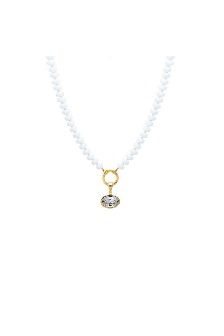 Colored Natural Stone Beaded /CZ Oval Charm Necklace, Main, color, White