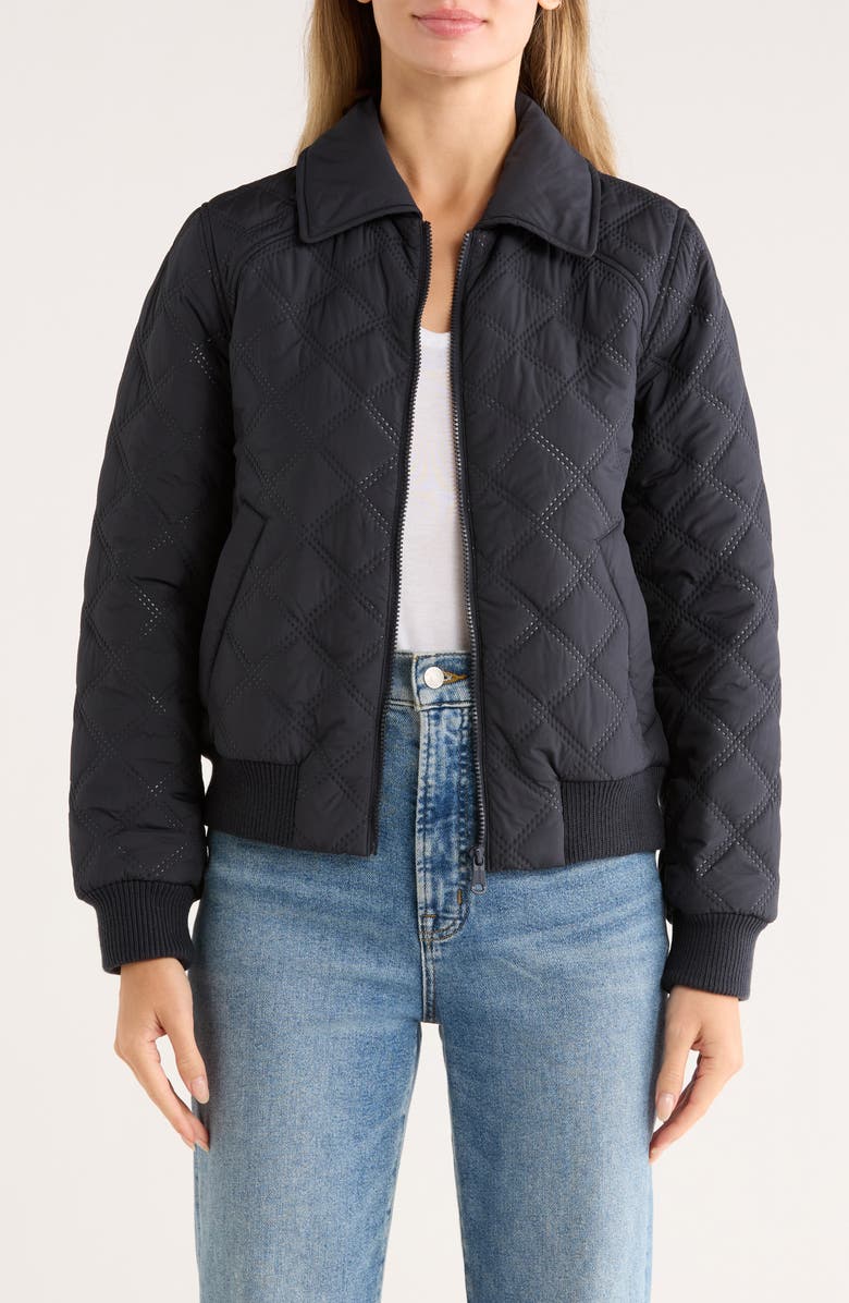 Bernardo Diamond Quilted Bomber Jacket, Alternate, color, Navy
