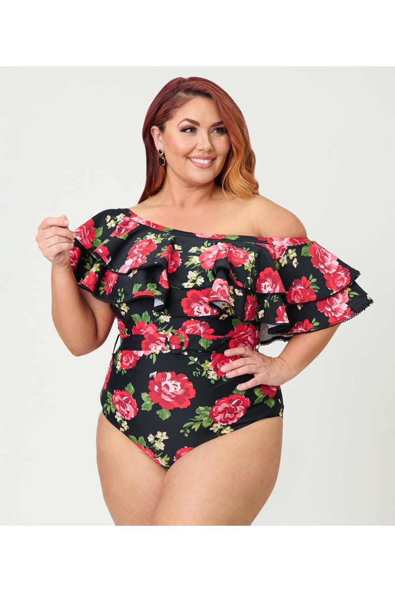 Off Shoulder Nantucket Swimsuit, Alternate, color, Black Cabbage Rose Print
