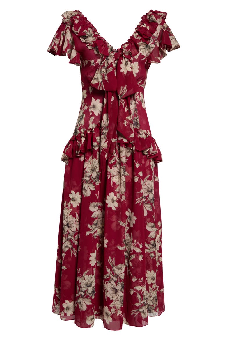 Floral Ruffle Chiffon Midi Dress, Alternate, color, BERRYWINE/ GARDENIA