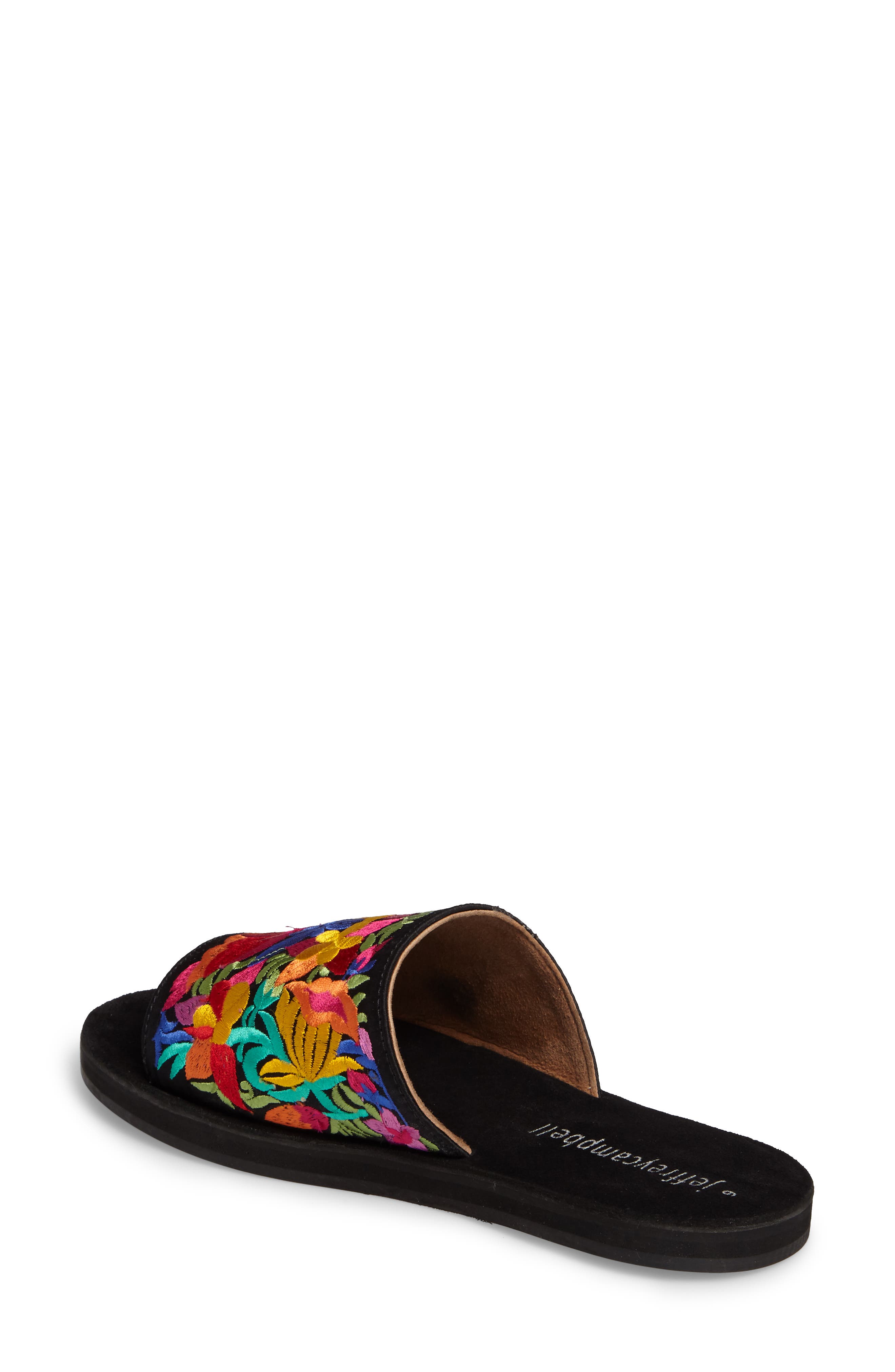 Sarasi Flower Embroidered Slide Sandal, Alternate, color, BLACK SATIN MULTI