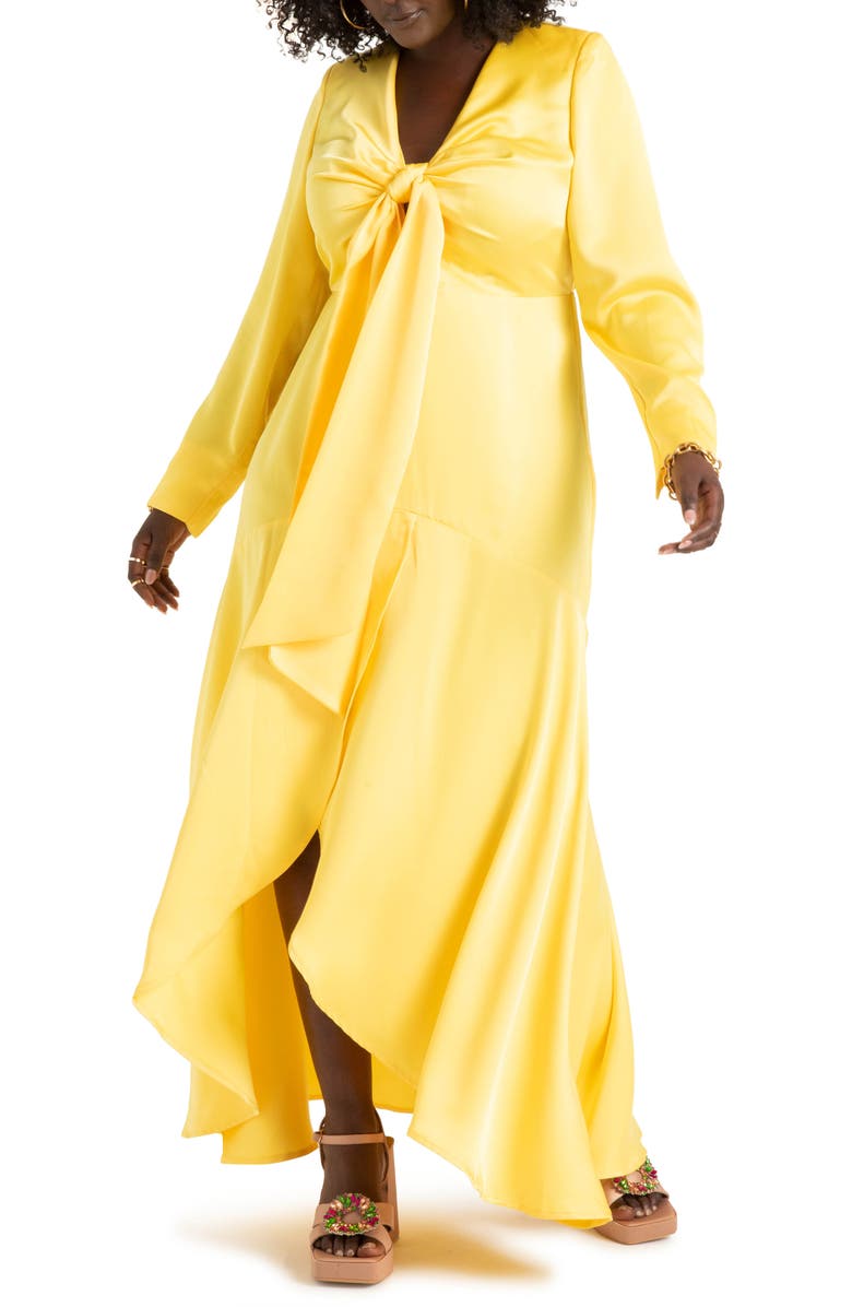 ELOQUII Tie Front Long Sleeve Satin Maxi Dress, Main, color,