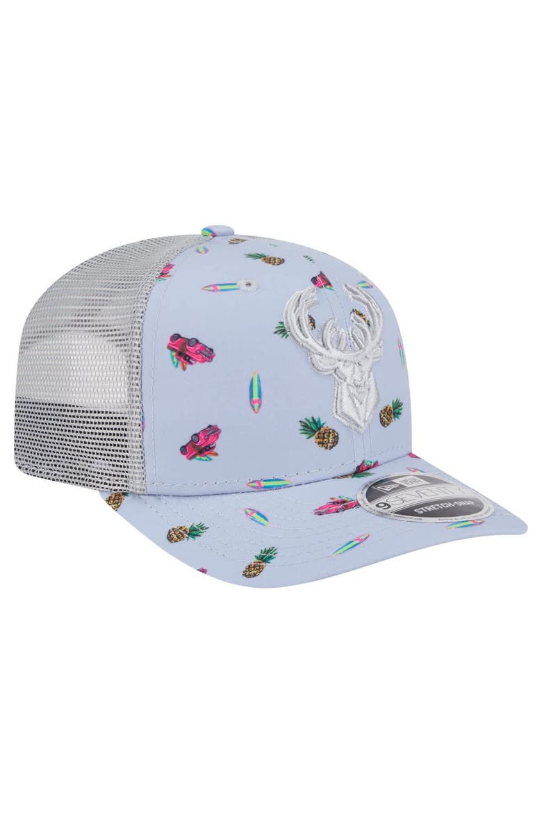 Men's New Era Light Blue/Gray Milwaukee Bucks Adventure Aloha Pattern 9SEVENTY Stretch-Snap Hat, Alternate, color, Light Blue