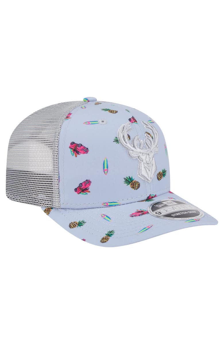 New Era Men's New Era Light Blue/Gray Milwaukee Bucks Adventure Aloha Pattern 9SEVENTY Stretch-Snap Hat, Alternate, color, Light Blue
