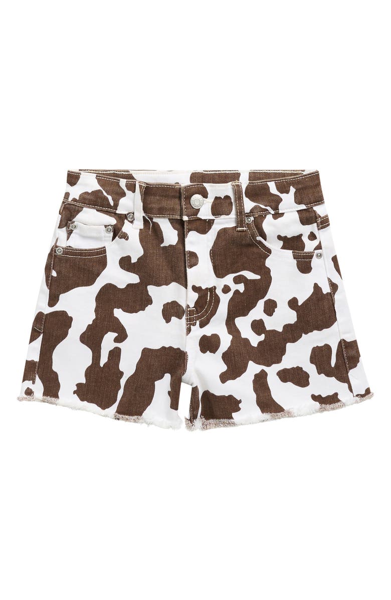 Tractr Kids' Cow Print Cutoff Denim Shorts, Main, color, Brown Cow