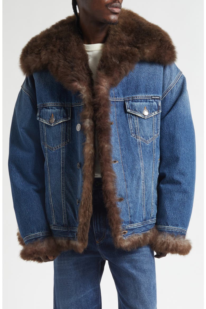 Genuine Shearling Trim Denim Trucker Jacket, Alternate, color, S9001 VARIANTE ABBINATA