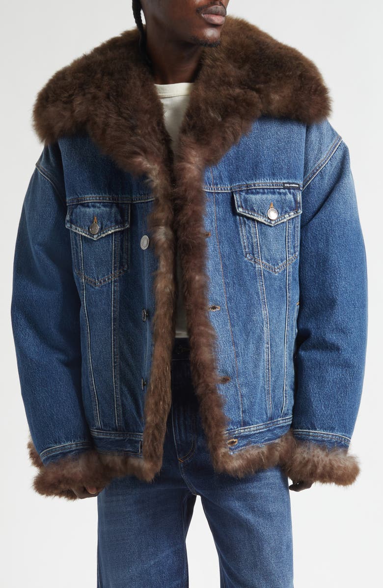 Dolce&Gabbana Genuine Shearling Trim Denim Trucker Jacket, Alternate, color, S9001 Variante Abbinata