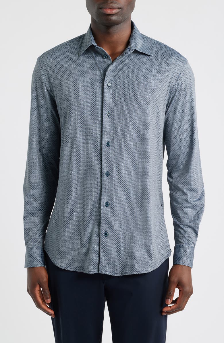 Emporio Armani Microprint Stretch Button-Up Shirt, Main, color, Teal