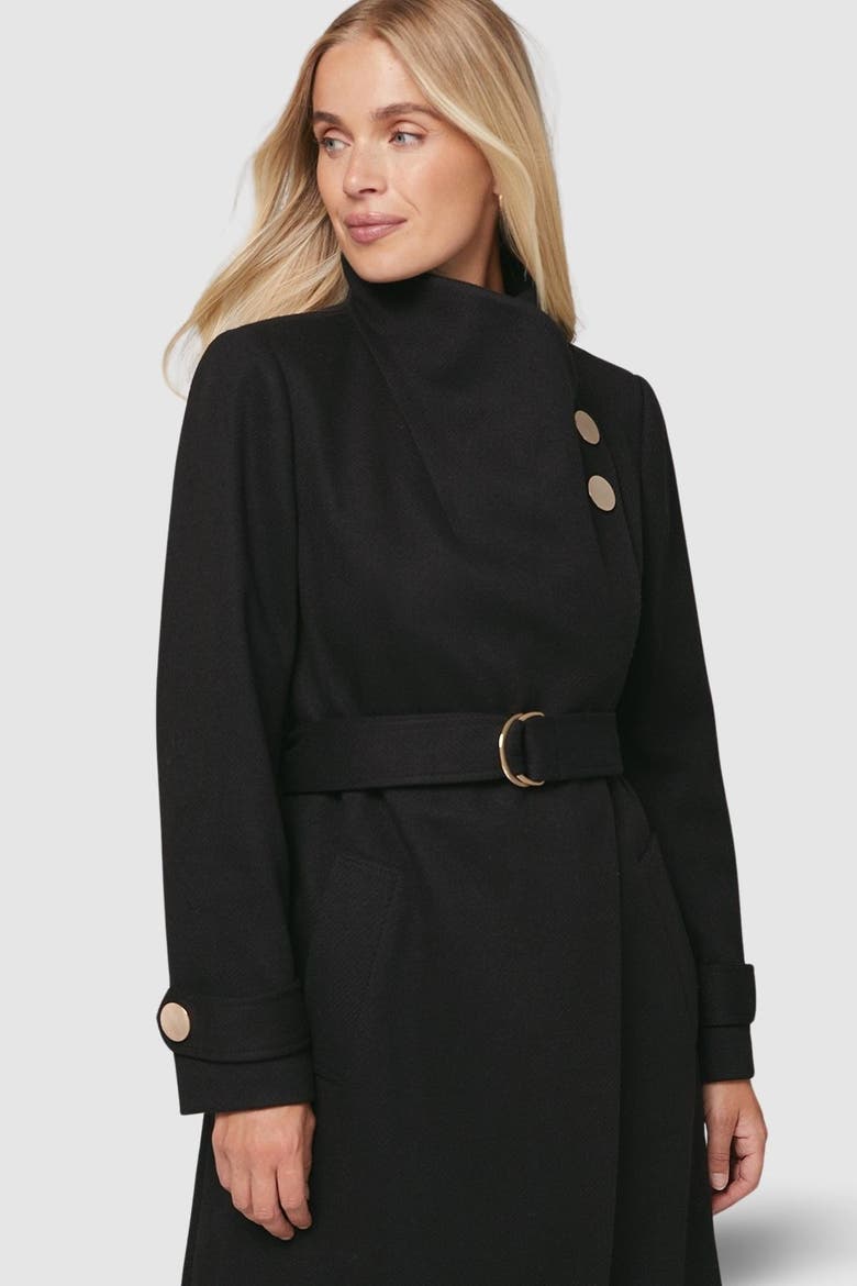 Petite Funnel Neck Tie Belt Coat, Alternate, color, Black