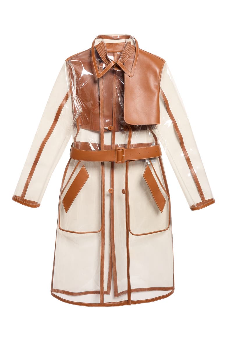 Glass Effect Belted Clear & Leather Trench Coat, Main, color, COMBO TRANSPARENT/ COGNAC