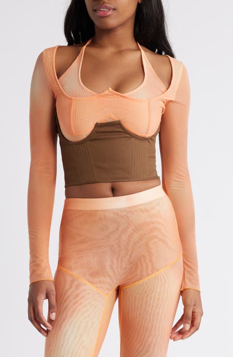 Mesh Top & Lace-Up Corset Set