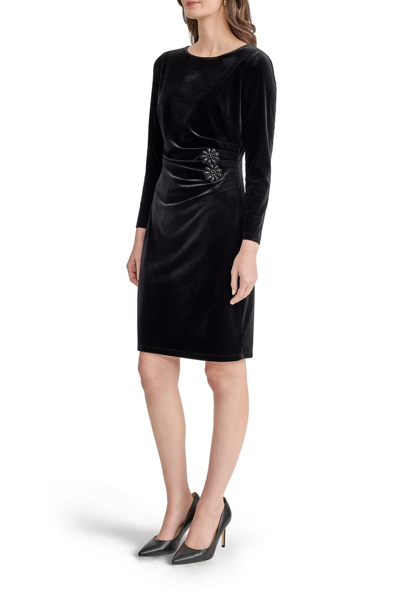 Velvet Side Pleat Sheath Dress, Alternate, color, BLACK