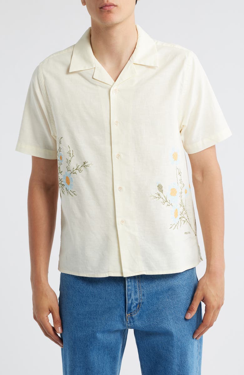 Percival Floral Embroidered Short Sleeve Cotton & Linen Button-Up Shirt, Main, color, Off White
