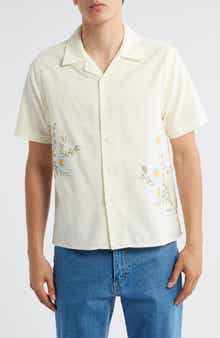 Percival Floral Embroidered Short Sleeve Cotton & Linen Button-Up Shirt