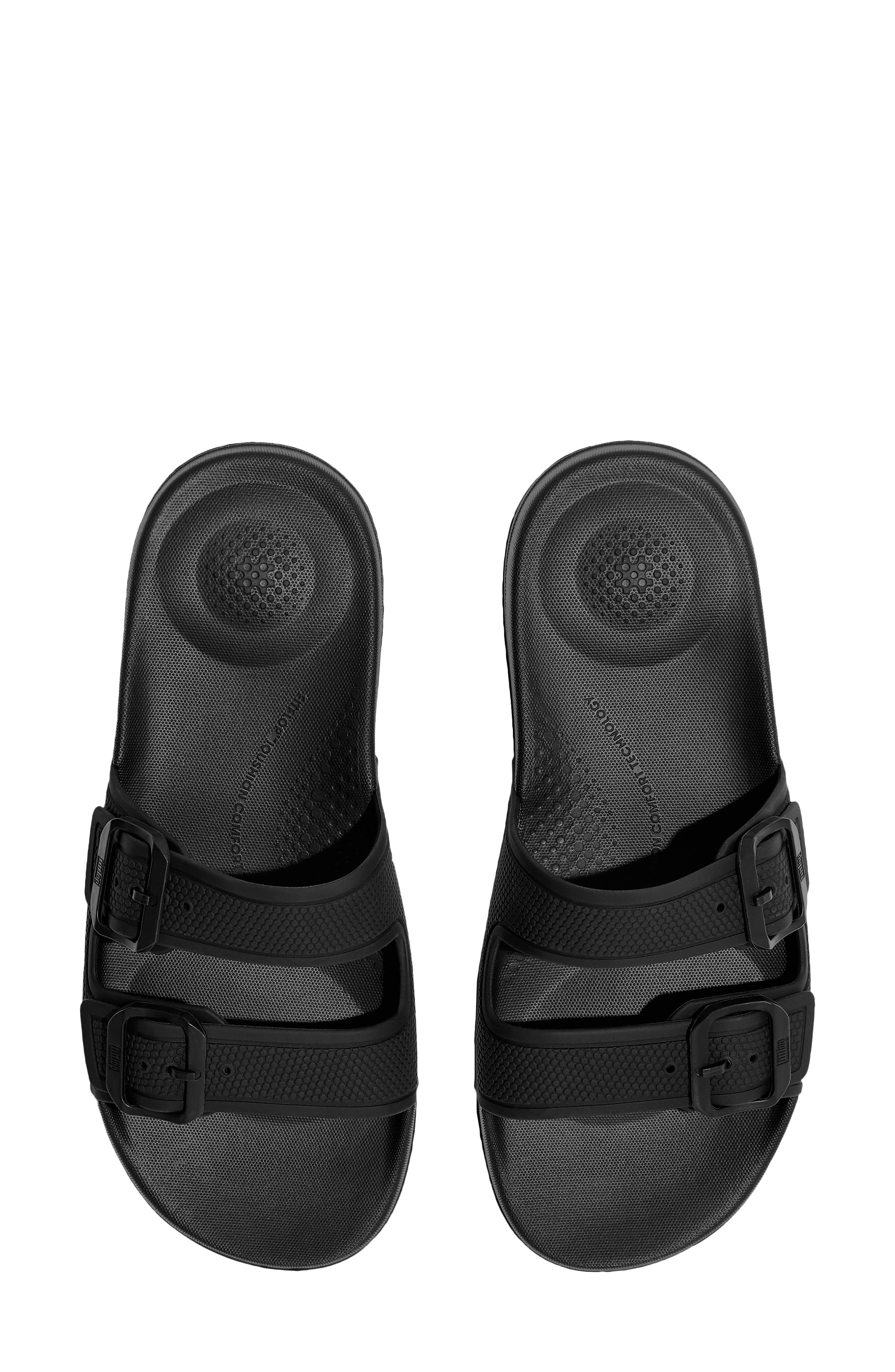 FitFlop Iqushion Two Bar Buckle Slide Sandal, Alternate, color, All Black