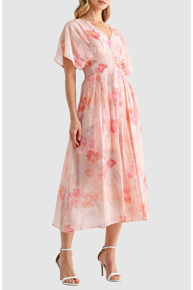 Floral Short Sleeve Fit & Flare Midi Dress, Alternate, color, DUSTY PINK/ MAUVE