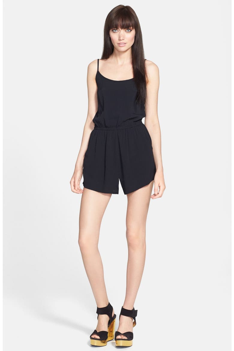 'See the World' Crepe Romper, Main, color, BLACK