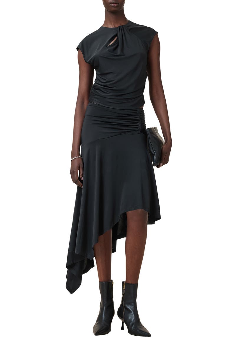 Annalie Asymmetric Ruched Midi Skirt, Alternate, color, BLACK