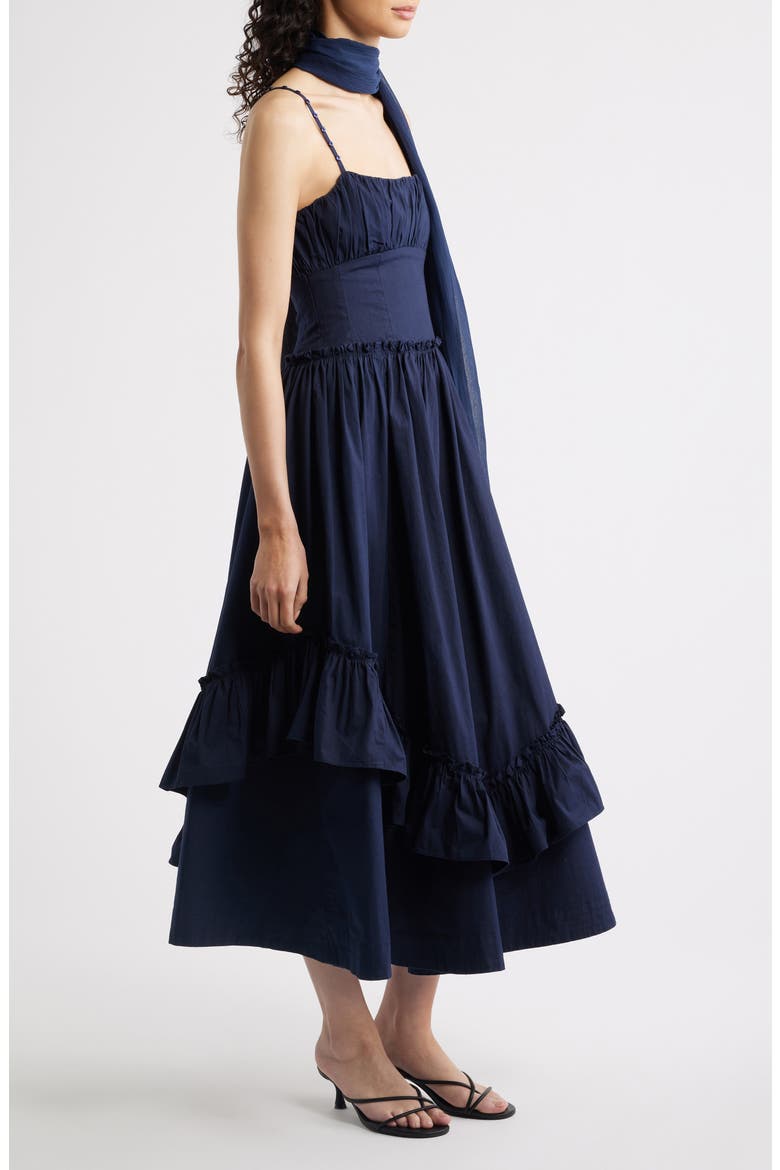Juno Ruffle Midi Dress & Sheer Scarf, Alternate, color, NAVY