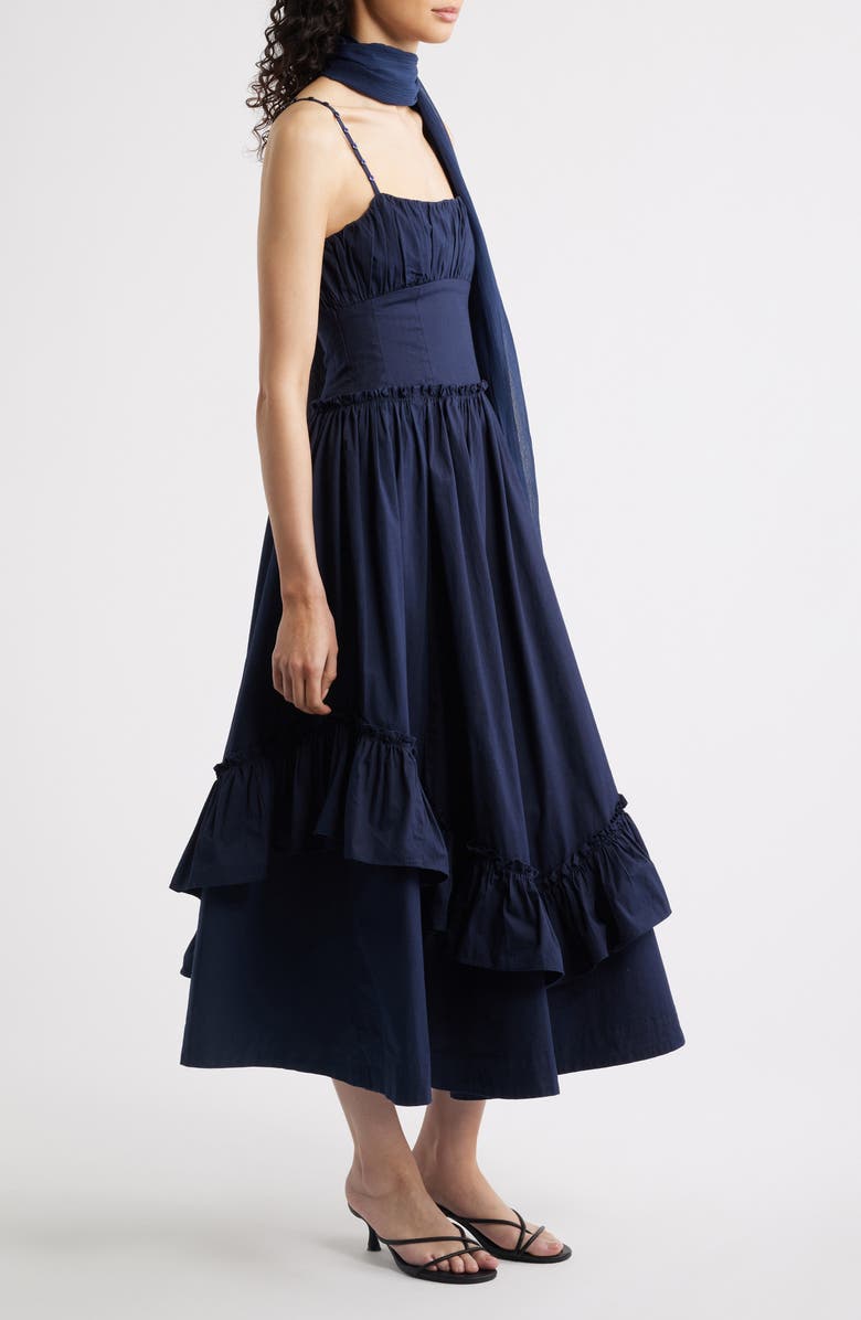 Damson Madder Juno Ruffle Midi Dress & Sheer Scarf, Alternate, color, Navy